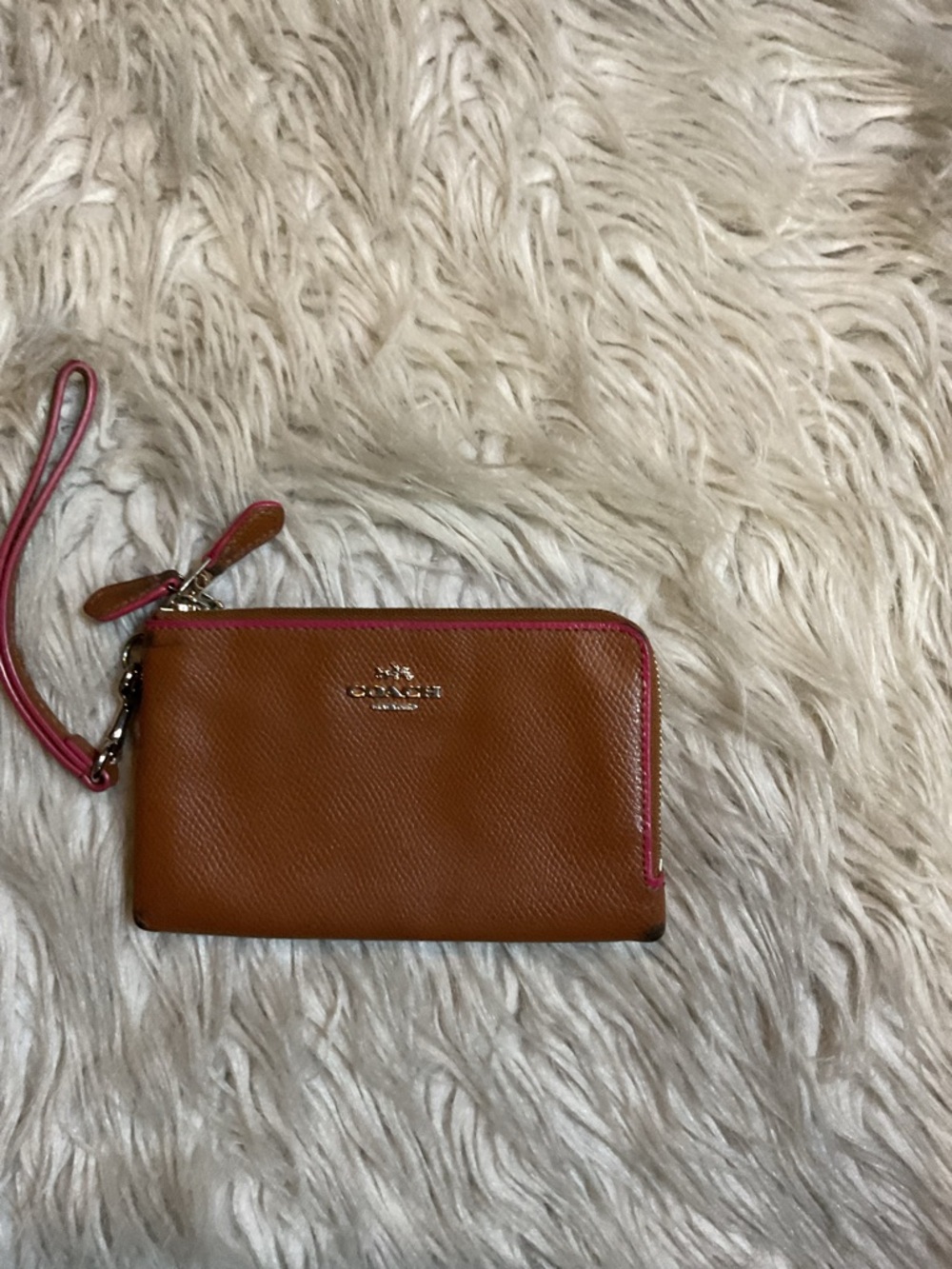 Coach Brown Leather Wristlet with Pink Trim and Strap